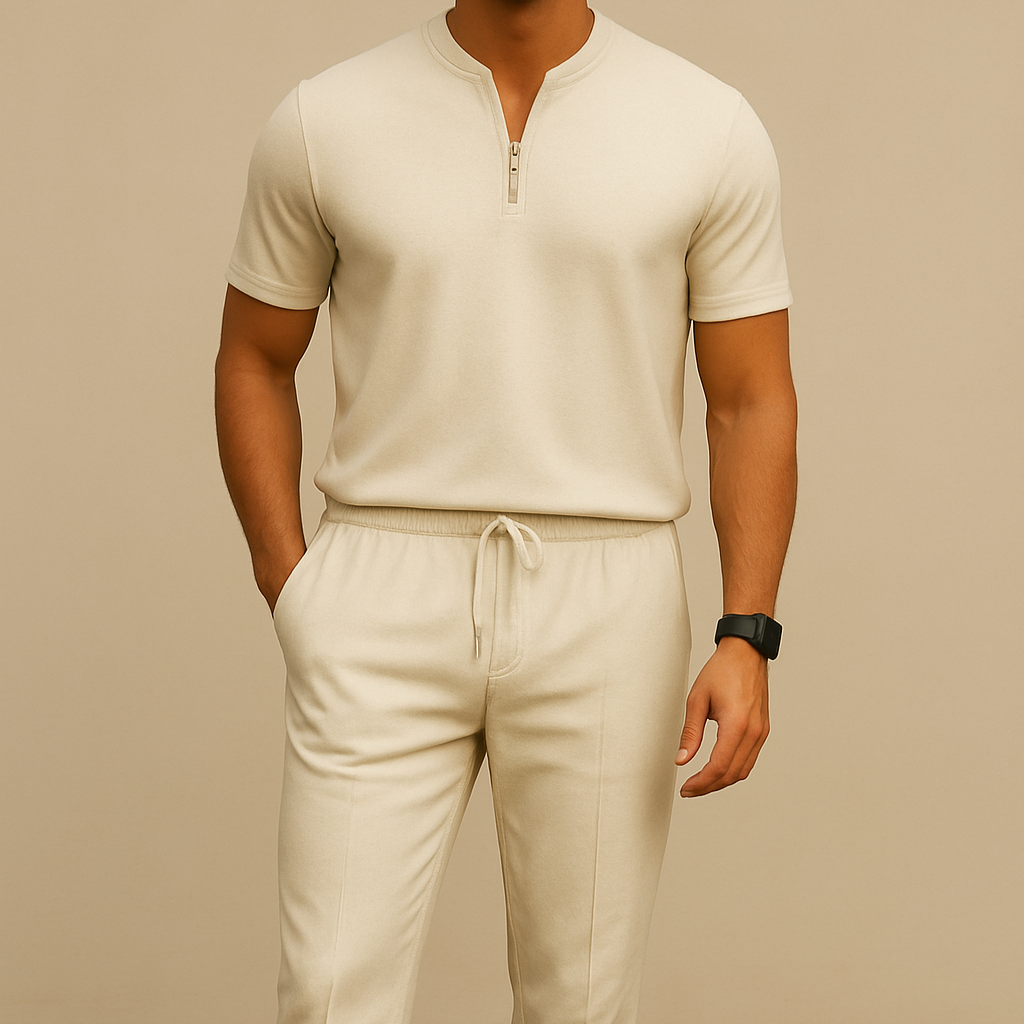 Men's Summer Waffle Collar Zipper Set