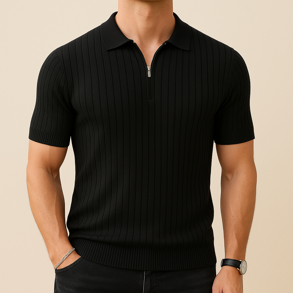 Black Ribbed Zipper Polo Shirt