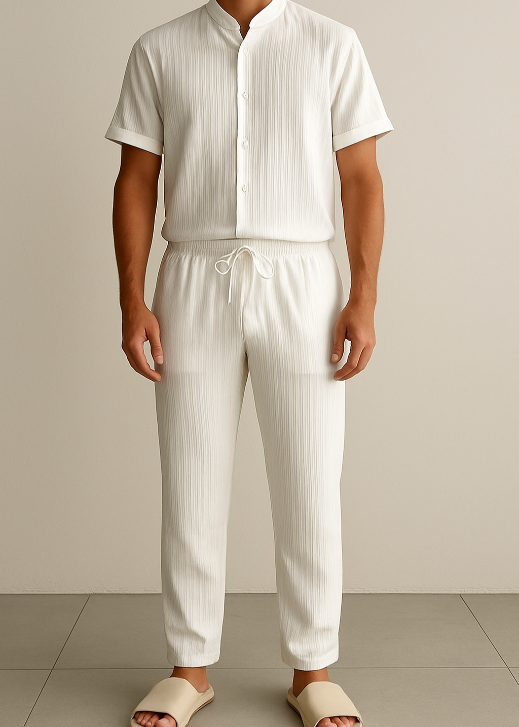 Men’s Summer White Striped Two-Piece Set
