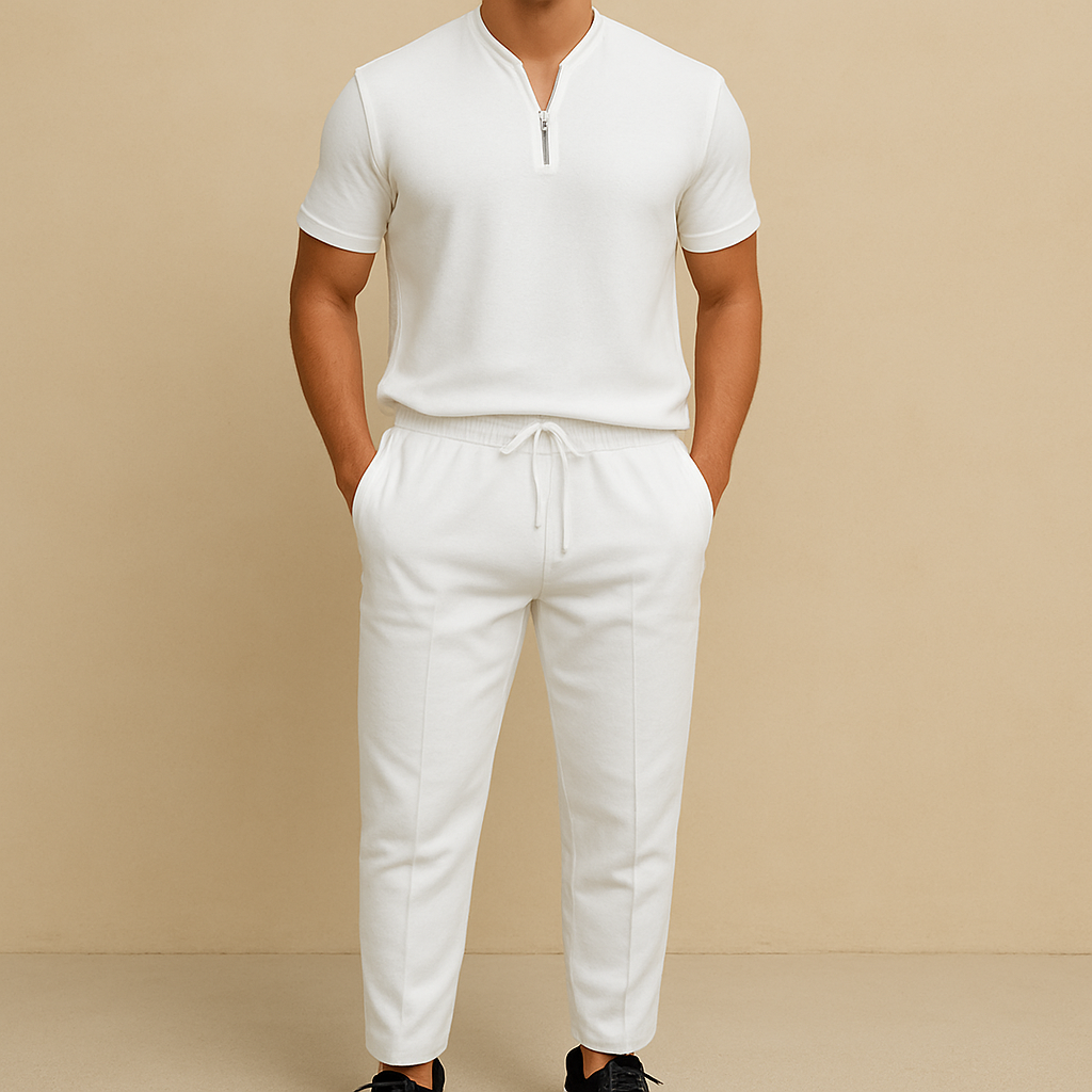 Men's Summer Waffle Collar Zipper Set